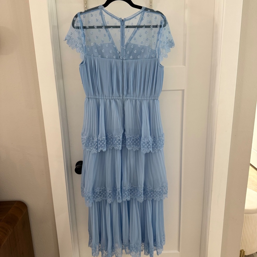 Self-Portrait Light Blue Chiffon Tiered Lace Midi Dress Pleated Short Sleeve 8 - Picture 6 of 8